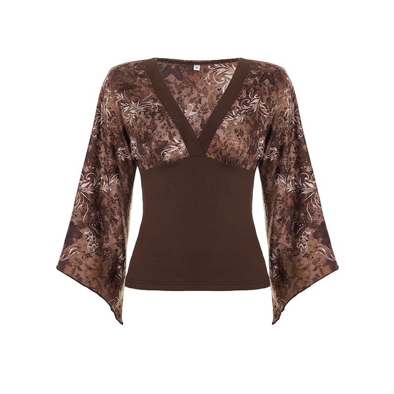 

American Retro Floral Print V-neck Waist Cinched Top For Spicy Girls, Sexy Slim Fit Long Sleeved Base T-shirt For Women