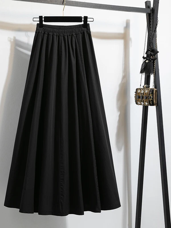 

Черная женская летняя юбка А-силуэта миди с вышивкой, корейский стиль, приталенная, драпированная, из ПВХ-ткани, со средней талией