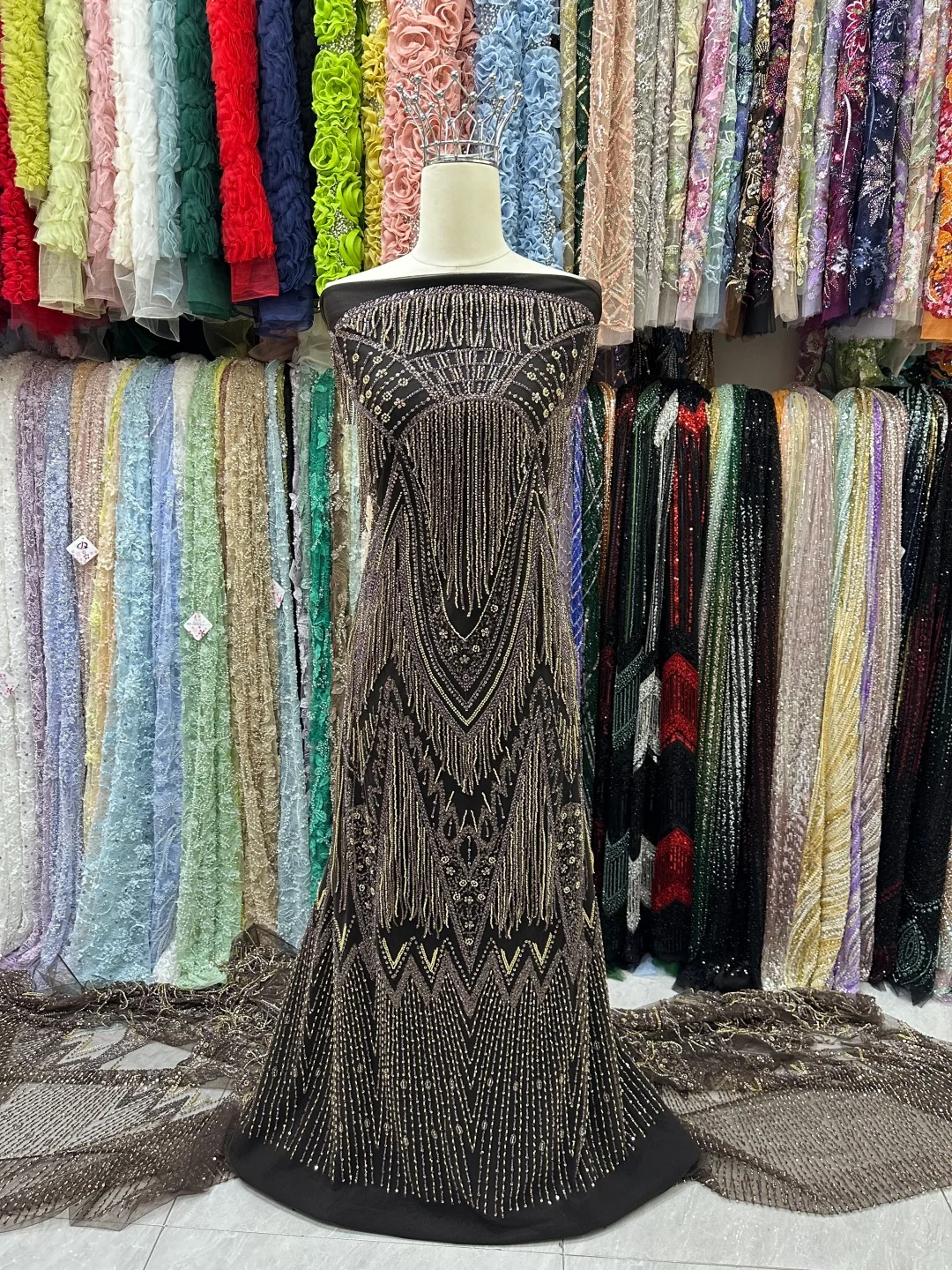 5 yards Burgundy Tube Bead Embroidery Lace Fabric, Luxury Feather Flame Tulle with Bead Fringe, Sequins & Crystal Beads