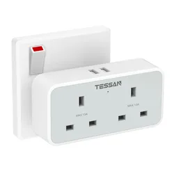 TESSAN UK Multi Plugs Extension Adapter Surge Protector Compact Wall Charger Power Socket with 2 USB Ports 2 AC Outlets for Home