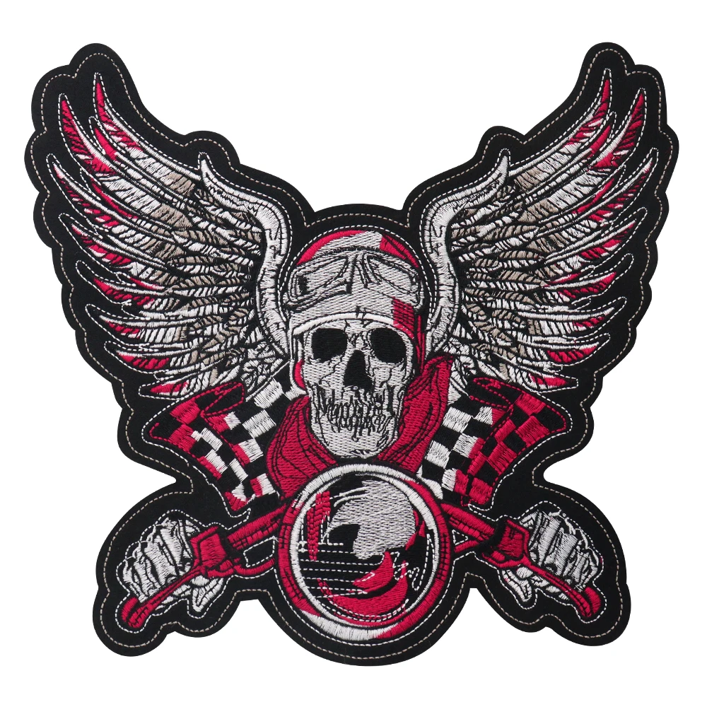 Victory Speed Racing Skull Patch Skeleton Wings Large Embroidered Iron On Applique Skull Motorcycle Jacket Back Badge