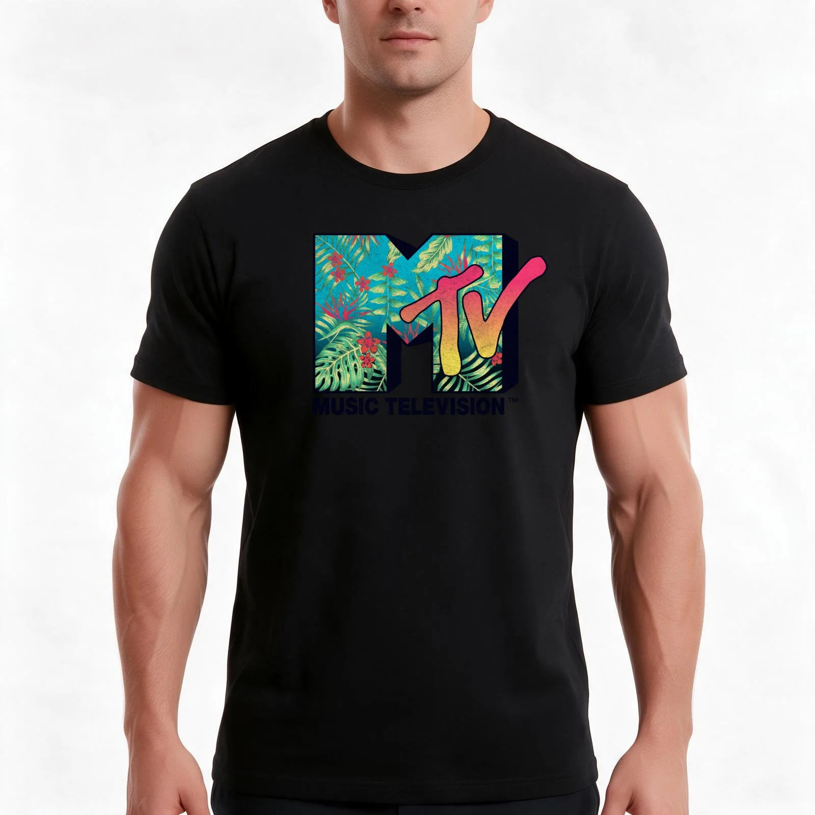 MTV Tropical Music Television Bright Logo T-Shirt, Summer Casual Cotton Tee, Oversized Streetwear Tops, Vintage Graphic Print