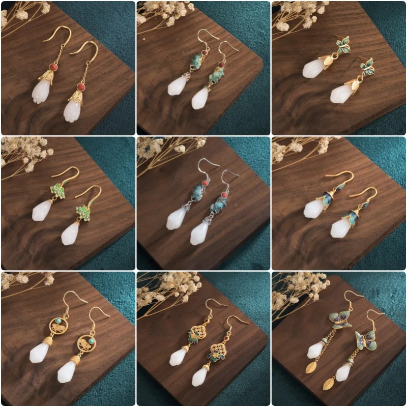 

Retro Flower Water Drop Shaped Earrings for Women Girl Vintage Ancient Palace Style Dangle Earrings Inlay Jade Luxury Jewelry