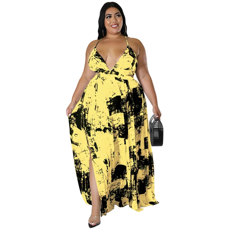 Nieuwe Mode Tie Dye Print Mouwloze Sling Diepe V-hals Lange Jurk Zomer Plus Size Casual Vrouwen XL-5XL Jurk