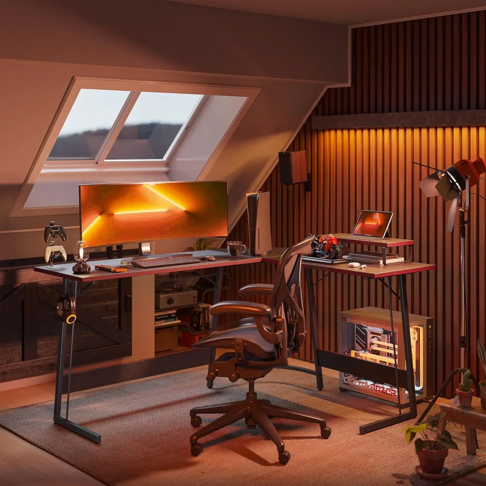 مكتب ألعاب على شكل حرف L مع حامل شاشة للمنزل والمكتب والكمبيوتر ومكتب ركن الدراسة ومحطة عمل للكتابة من ألياف الكربون السوداء 47 #2