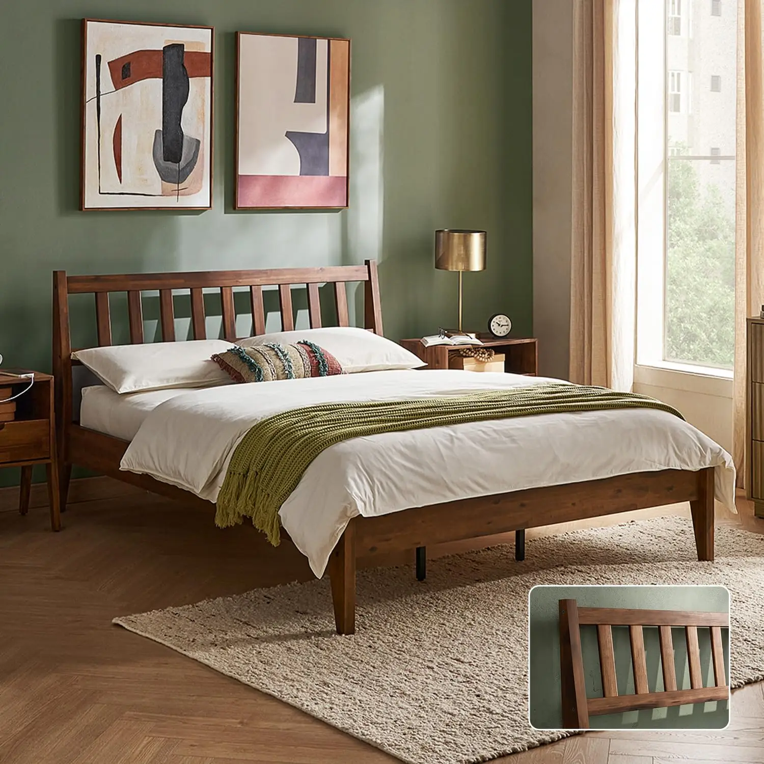 Mid Century Acacia Solid Wood Platform Bed Frame Headboard Wooden Slats No Box Spring Metal Bar Support Queen, Customized