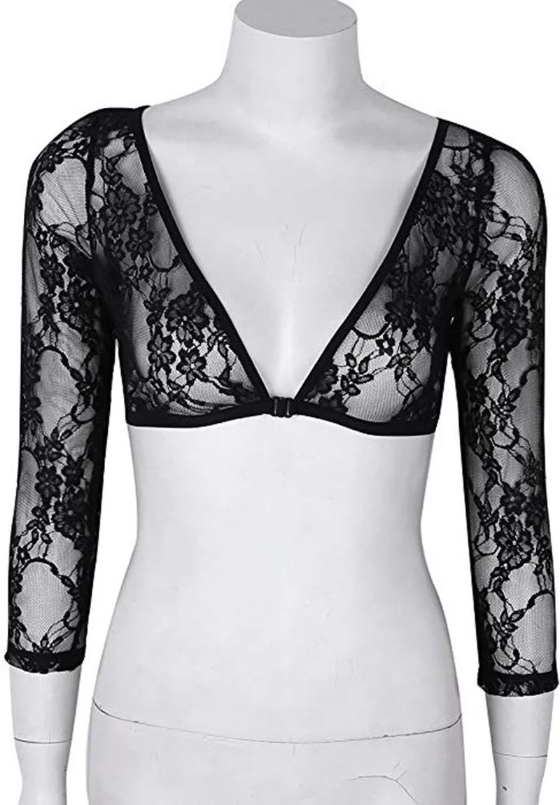 S~3XL Women\'s Lace Floral Sleevey See Through Under Blouse Shrug Crop Top Three-Quarter Sleeve Black/White