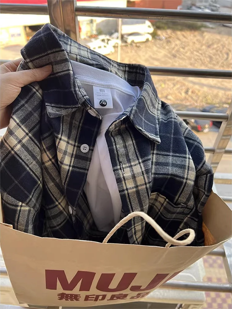 Autumn Aosphere Plaid Long Sve irt Men's Loose Casual Outerwear American Lazy Sle Button up Cotton Polyester Blend