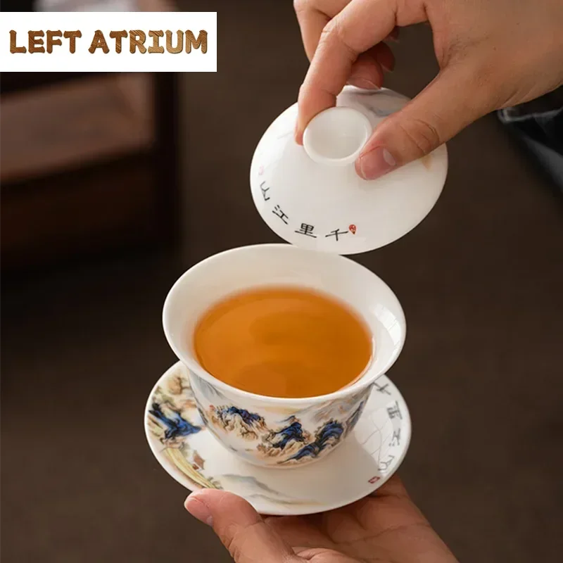 Chinese Suede Jade White Porcelain Gaiwan Teacup Hand-painted Mountain Ceramic Tea Bowl Household Tea Infuser Handmade Teaware