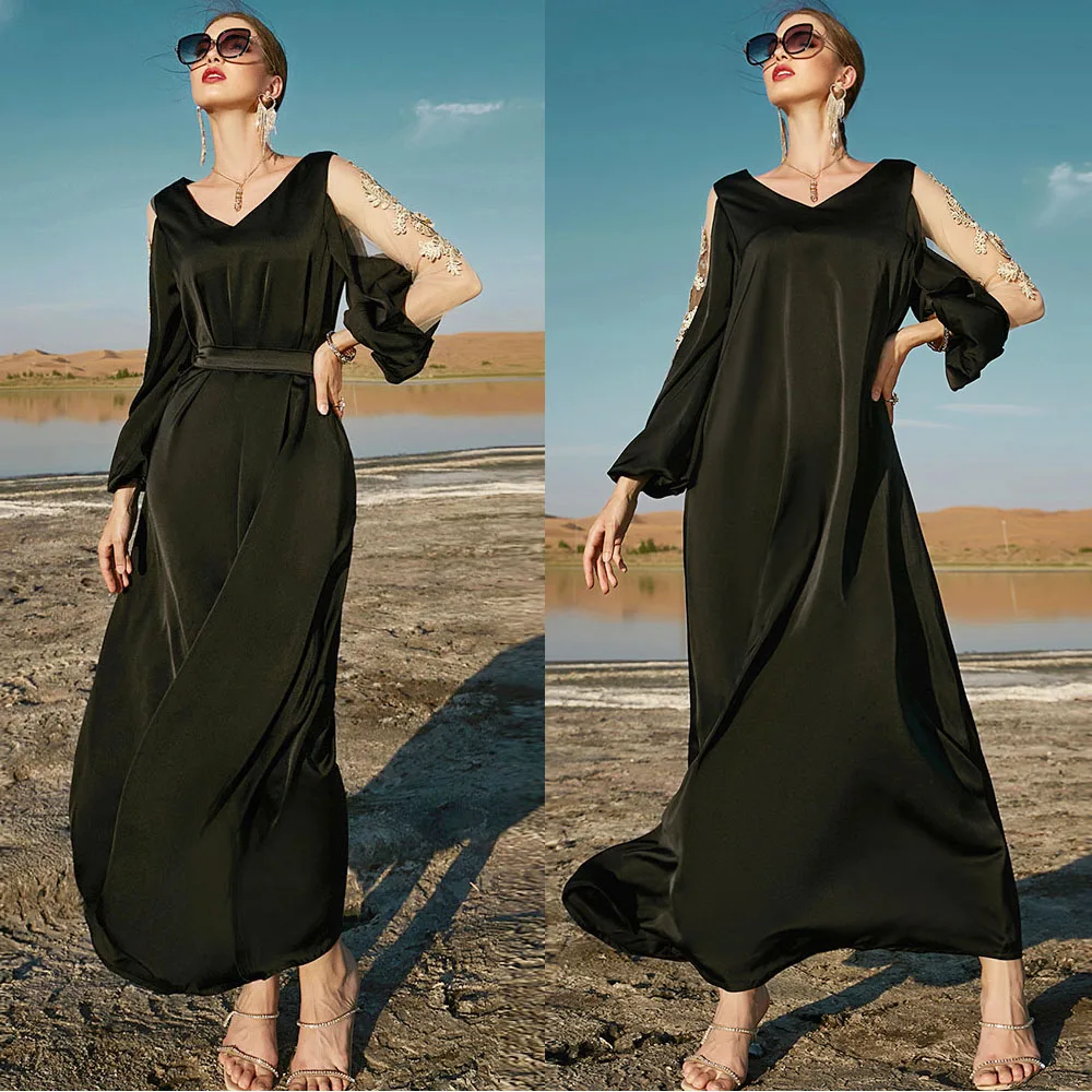 

Vintage Elegant Women Long Dress Embroidery Hollow Mesh Puff Sleeve Abaya Arab Islam Muslim Party Gown Kaftan Middle East Dubai