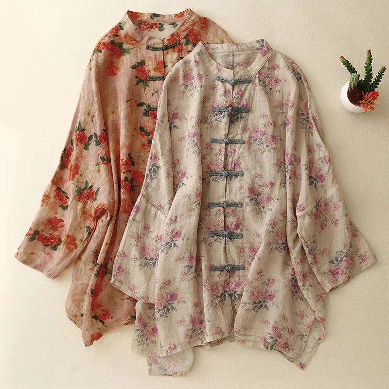 Cotton Linen Vintage Women\'s Shirt Summer Printed Clothing Sales Loose Long Sleeve Korean Tops Chinese Style Women Blouses