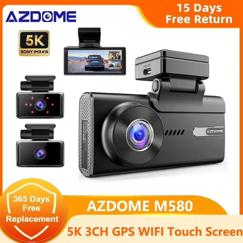 AZDOME M580 5K Dash Cam Recorders 3 Cameras Car DVR Built-in GPS Wifi 4Inch Touch Screen 24H Parking Monitor WDR Night Vision