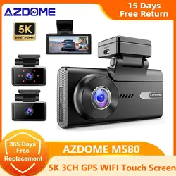 Gravadores Azdome-Dash Cam, 3 Câmeras, DVR de carro, GPS embutido, WiFi, Tela sensível ao toque 4 Polegada, Monitor de estacionamento 24H, WDR, M580, 5K