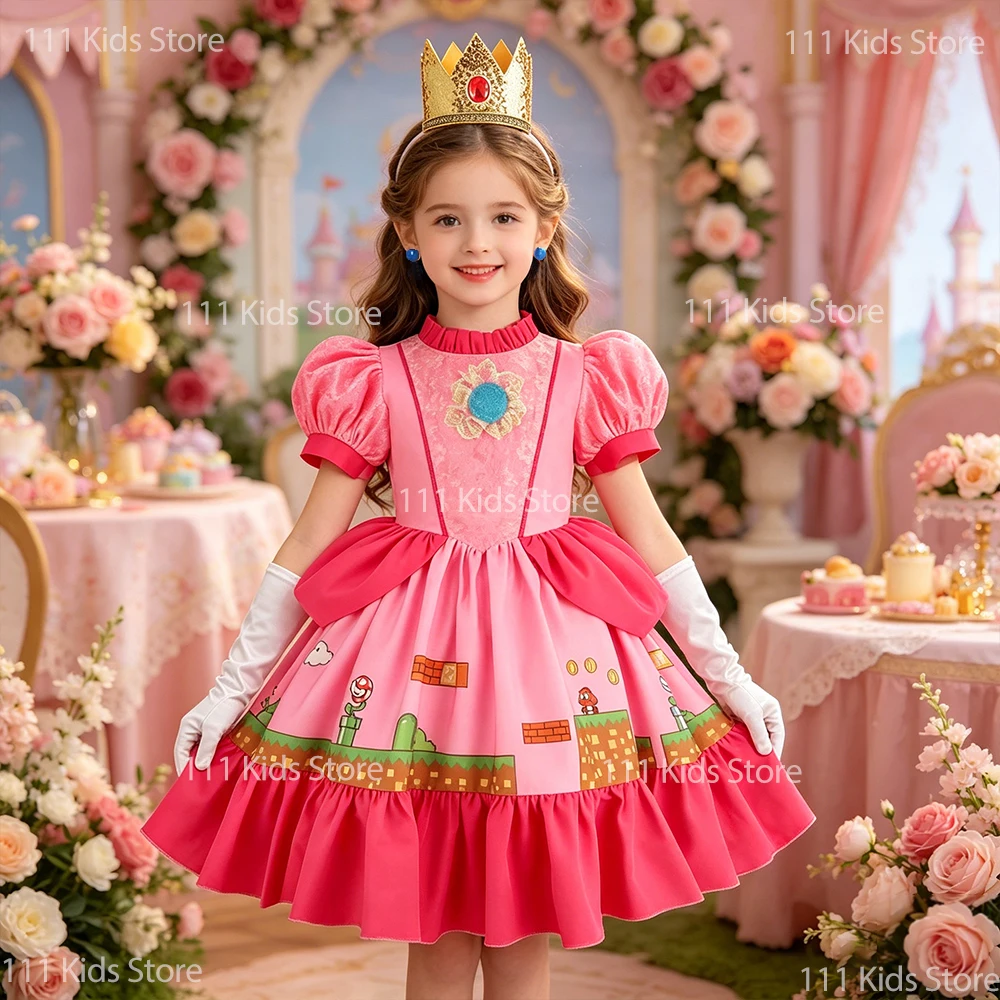 Summer Peach Princess Dress for Girls Cosplay Costume Birthday Gift Game Superbro Role-play Dress with Accessory Carnival Outfit