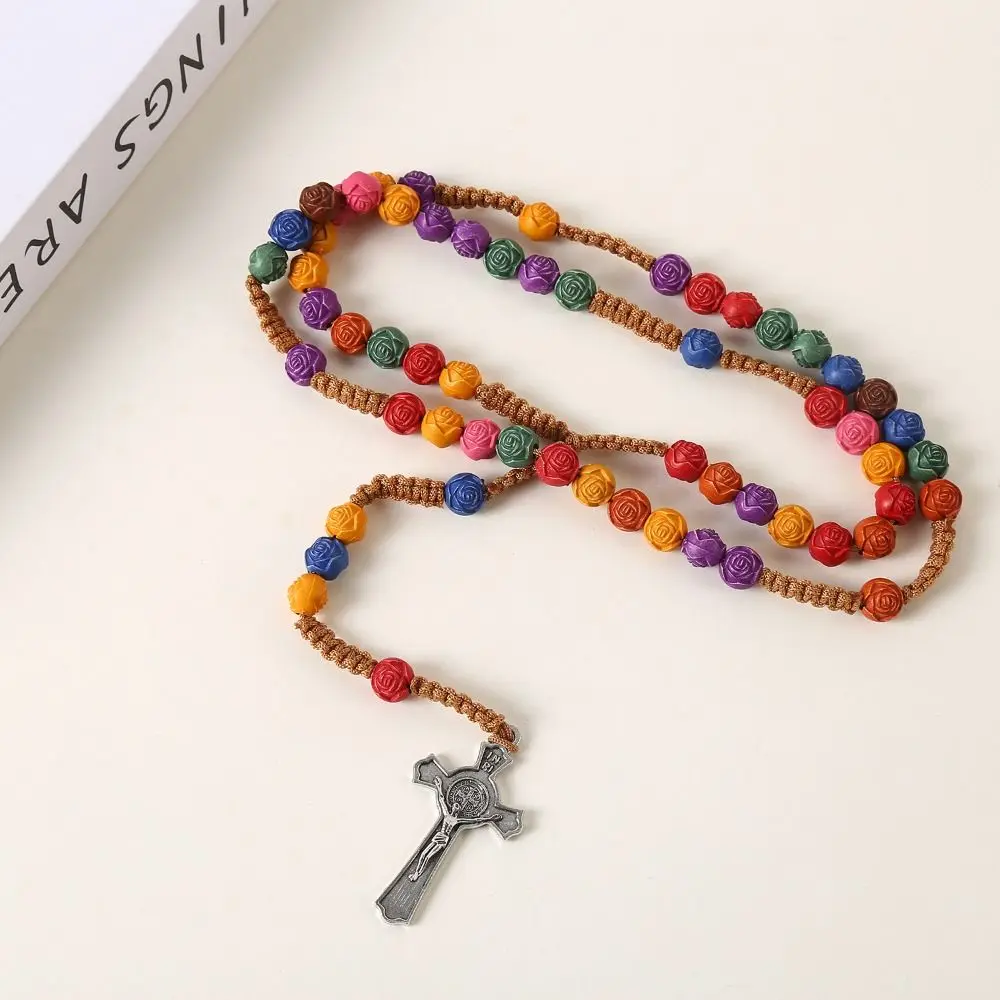

Rose Bead Colorful Cross Necklace Catholic Blessing Handmade Rosary Necklace Durable Religious Crucifix Pendant Chain Pray