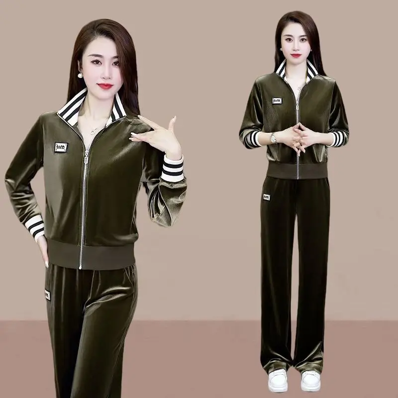 Spring and Autumn Set Gold Velvet Women's New High end Fashion Slim fit Top+Fashion Wide Leg Pants Two piece Set