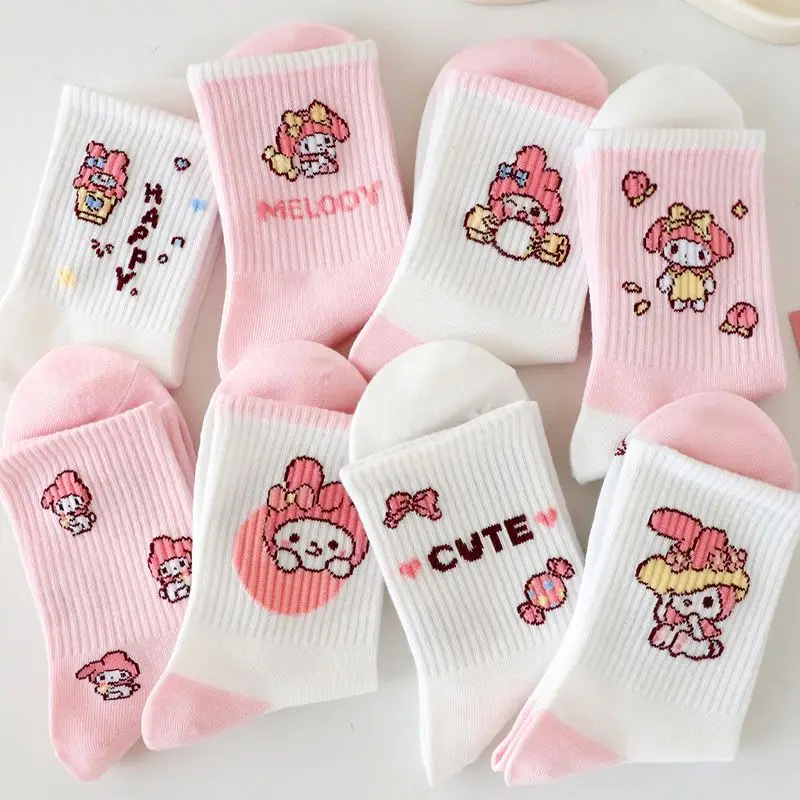 

5 Pairs Sanrio Kids Socks Melody Kawaii New Fall Cartoon Children Mid-calf Socks Combed Cotton Sock for Girls Gifts