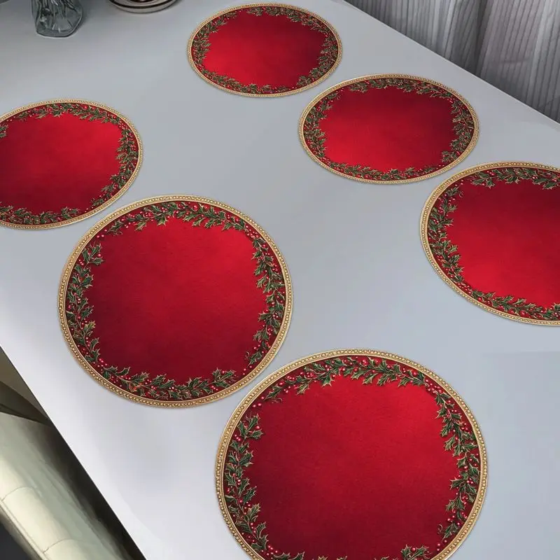 VIKAMA Christmas Placemat Red Holly Gold Edge Linen Table Mat for Dining Kitchen Table Setting Decor