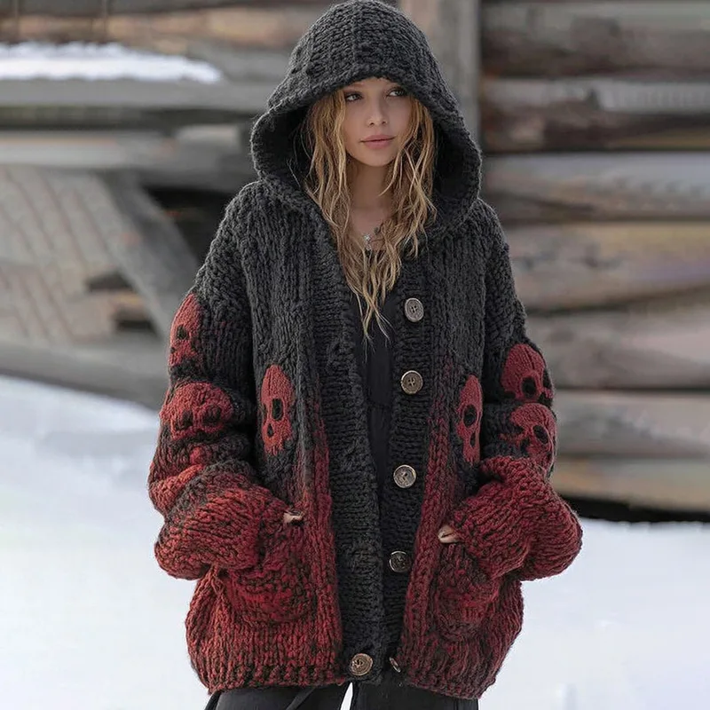 

Женская повседневная куртка с капюшоном и принтом, на пуговицах, с длинными рукавами, вязаный свитер, модный уличный стиль, элегантный качественный кардиган-пальто