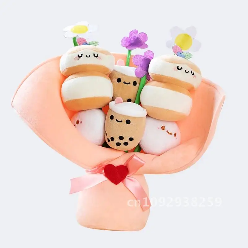 Kawaii Boba Flower Plush Toy Bouquet Bubble Graduation Dolls Preserved for Valentine Christmas Gifts Flowers Tea Girl Plushies