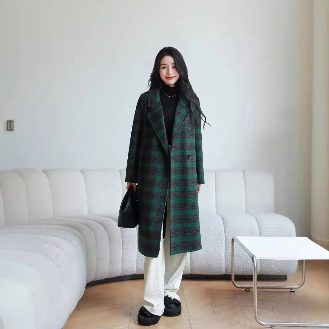 Green plaid double-sided wool coat women 2024 new autumn and winter mid-length knee simple plaid wool coat free delivery