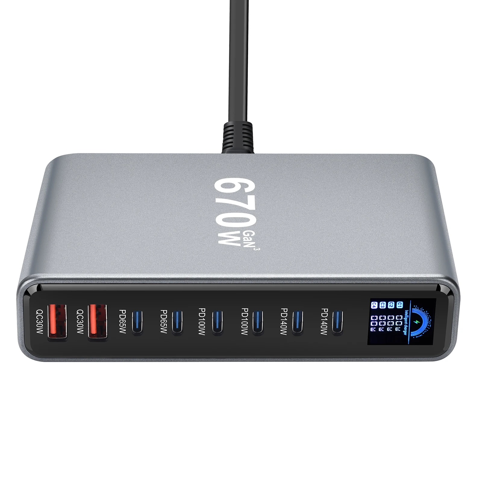 Neues 670W GaN-Ladegerät mit Display, Desktop-Schnellladestation, 140W USB-C-Anschluss, 8-Port-Ladegerät, geeignet für Handys, Tablets. – Detail 5