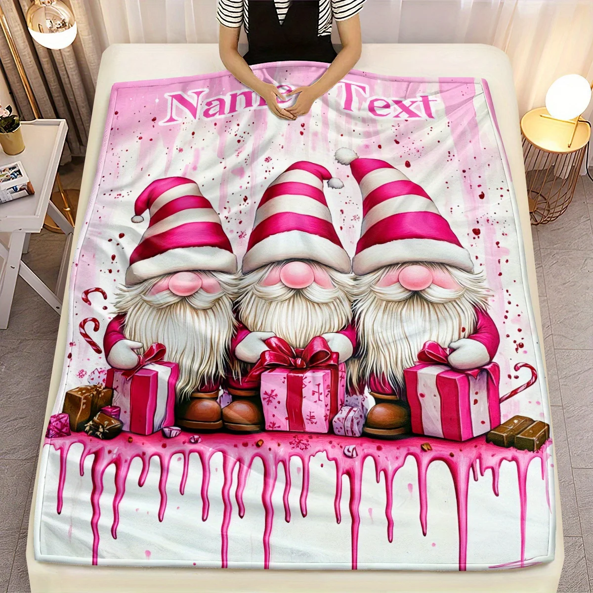 Personalized Pink Dwarf Blanket with Festival Dwarf and Gift Box Design, Soft Flannel Velvet, Lightweight, Warm, and Customizabl