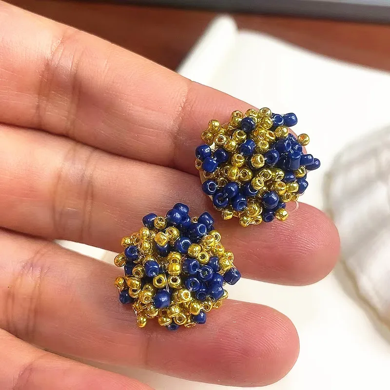 NEW - WHOLESALE Gold and Navy Mix 15mm Small Seed Bead Stud Earrings Set - 12pair - Small Gold and Navy Beaded  Earrings Pack