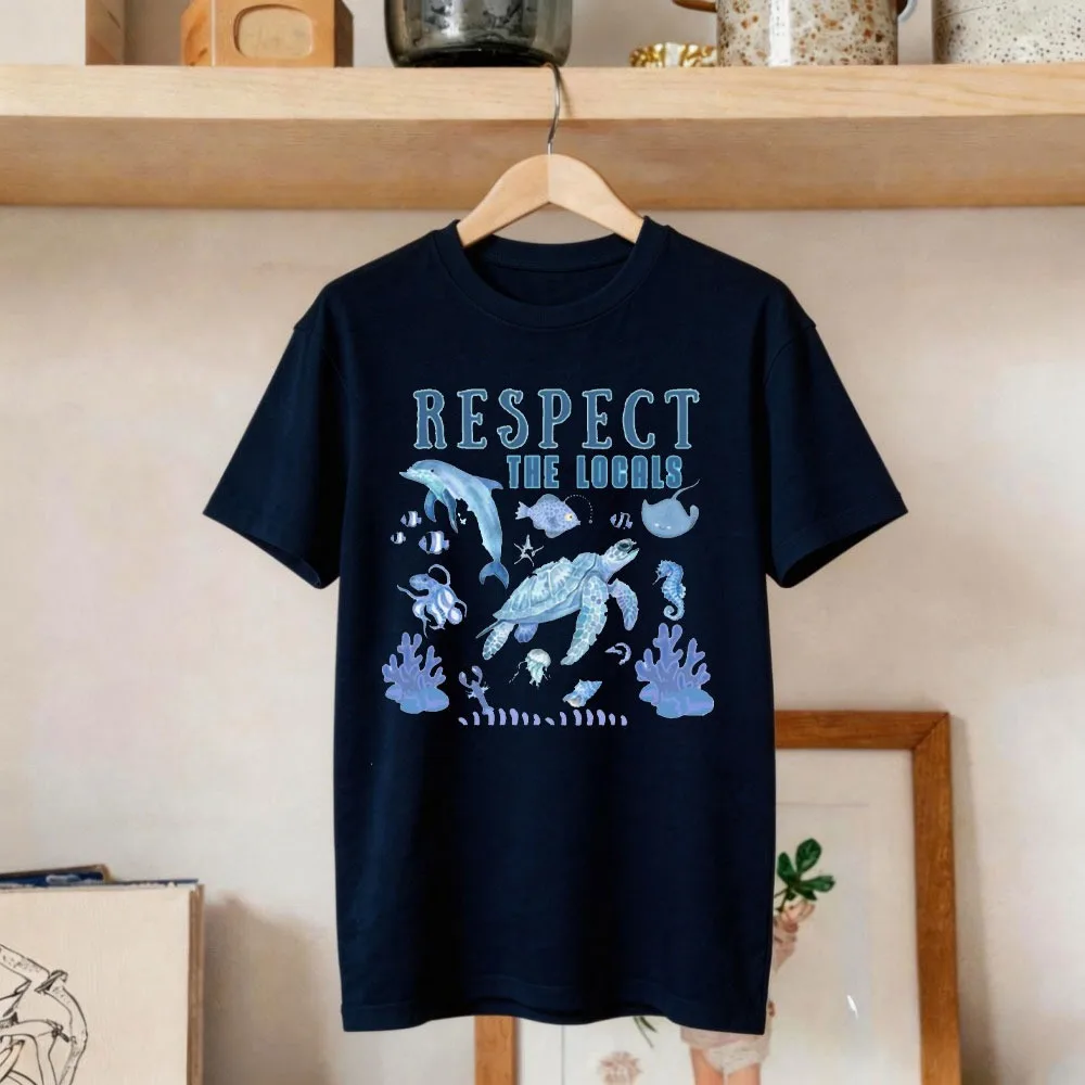 Respect The Locals Tee Marine Life Graphic Earth Day Apparel Sea Turtle Design Coastal Lover Tops Marine Life Prints Tees