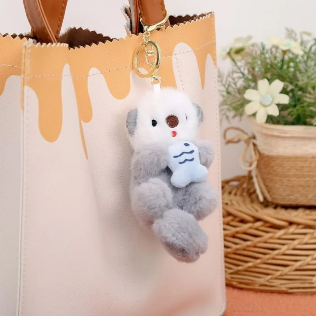 Otter Plush Keychain Holding Fish Design Backpack Pendant Keyring Bag Charm Wallet Accessory Cute Gift