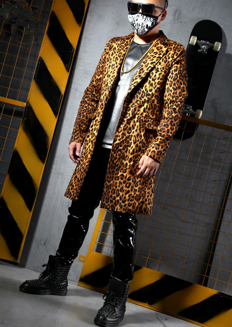 Chaqueta larga con estampado de leopardo para hombre, trajes de moda para Bar, club nocturno, cantante, DJ, escenario, disfraces de Rock, Hip Hop,