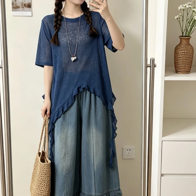 Lazy Blue Kurzarm-T-Shirt für Damen im Sommer, lockeres und schlankmachendes, unregelmäßiges Oberteil mit Rüschen