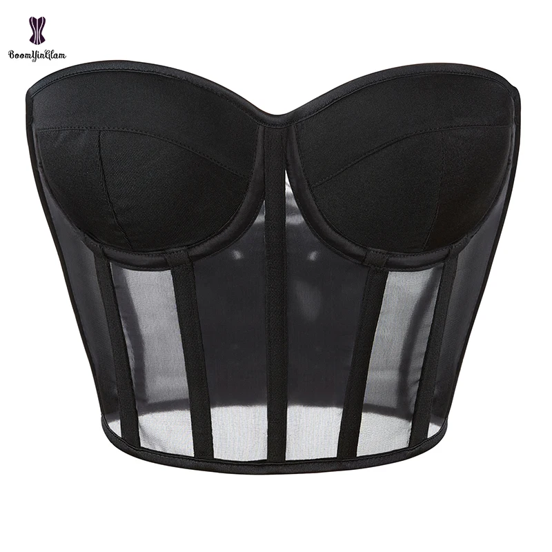 

13 Glue Boned Breathable Strapless Backless Black Mesh Korsett With Bra Padded Plus Size Bustier Corset Top For Women