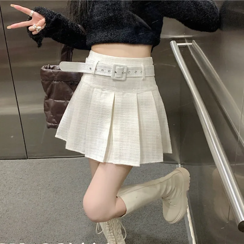 Fragrant Tweed Short Skirts For Women Autumn Winter High Waist Pleated Anti Slip A-line