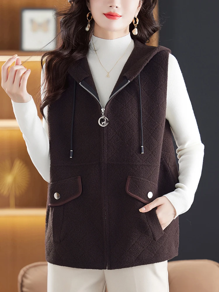 Frühling Herbst Woolen Zipper Weste frauen Oberbekleidung Große Größe Mit Kapuze Offene Strickjacke Gestrickte Pullover Faion Lose Fit Reine Farbe