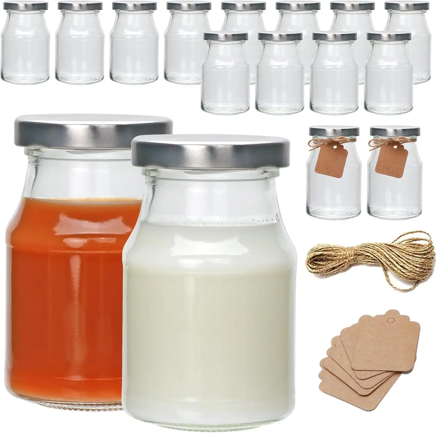 

Набор из 16 стеклянных бутылок для молока объемом 6 унций, стеклянные банки, банки для консервирования и джема с серебряными крышками, стеклянные банки для йогурта, прозрачные стеклянные банки для молока