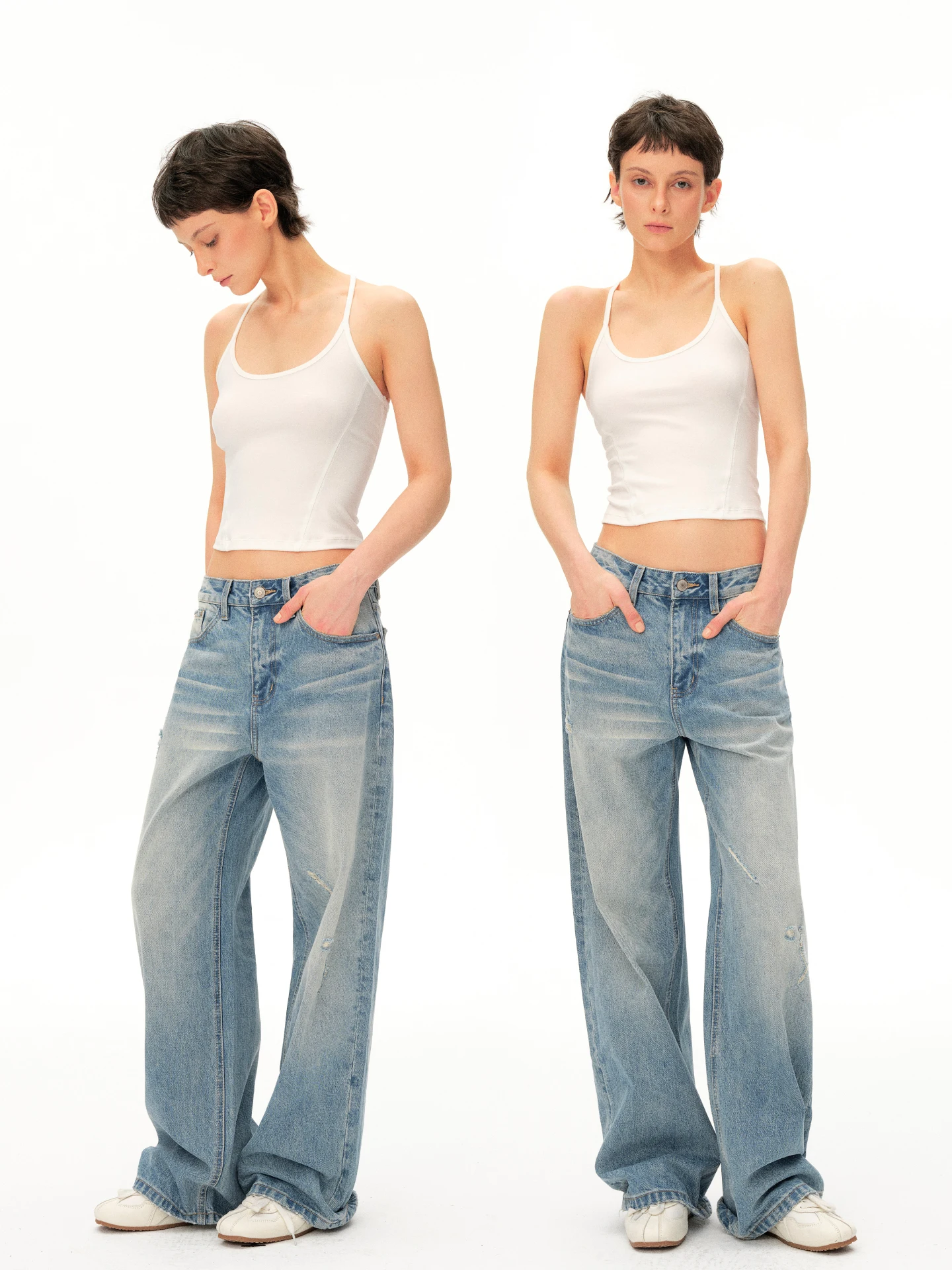 Classic BGT Loose Wide Leg Jeans 100% Cotton Stone Ground Blue Washed Natural Waist Straight Cut Non-Stretch Summer Jeans