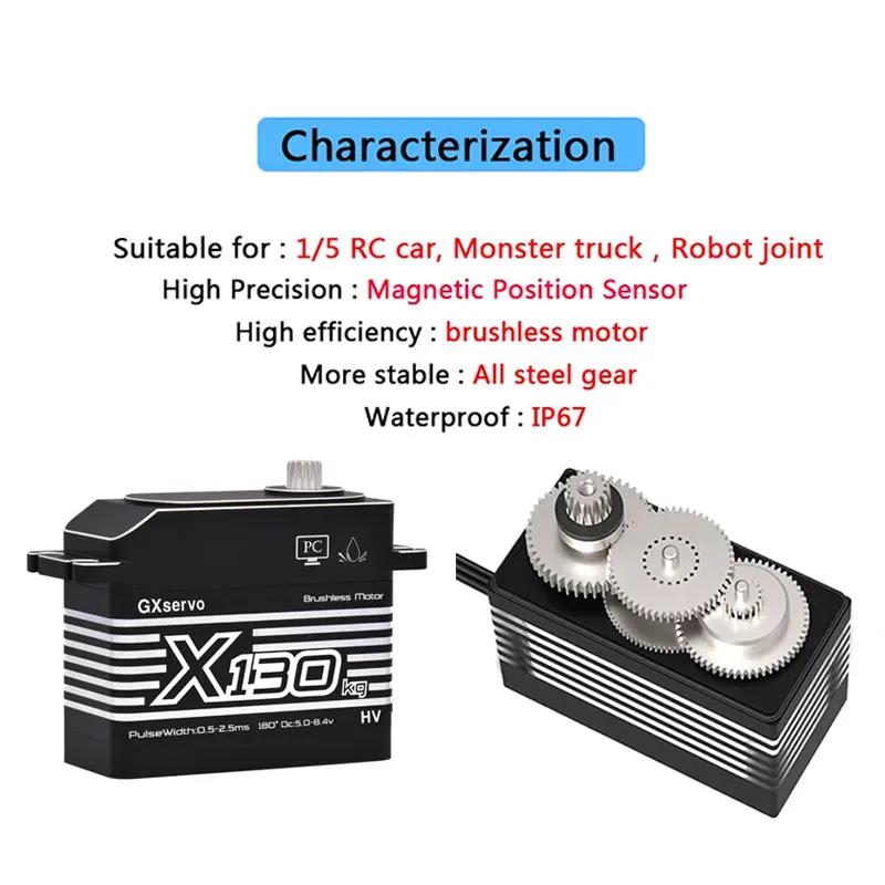 X130 130kg Digital Servo High Torque Brushless Motor Full Metal Gear IP67 Waterproof Servos for 1/5 RC Car Robot Joint DIY