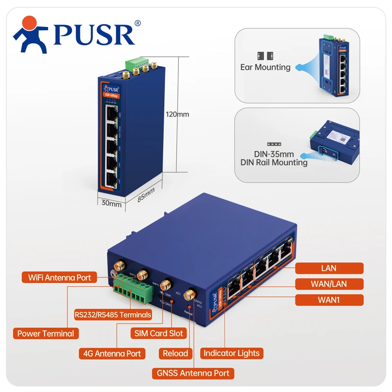 PUSR Dual Qualcomm Industrial Cellular Router 5*Ethernet+RS232+RS485 4G LTE Router Sim Card Modem WiFi Router USR-G806p