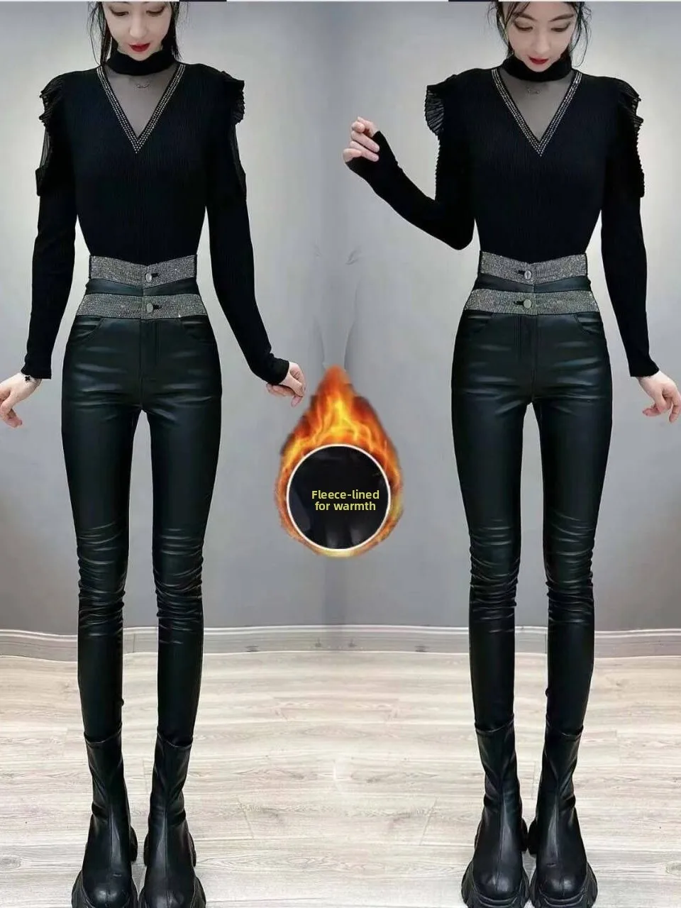 Winter New plus Size High Waist Fleece Lined PU Leather Slim Fit Women's Fashionable Leggings Warm Comfortable Nine Points Pants