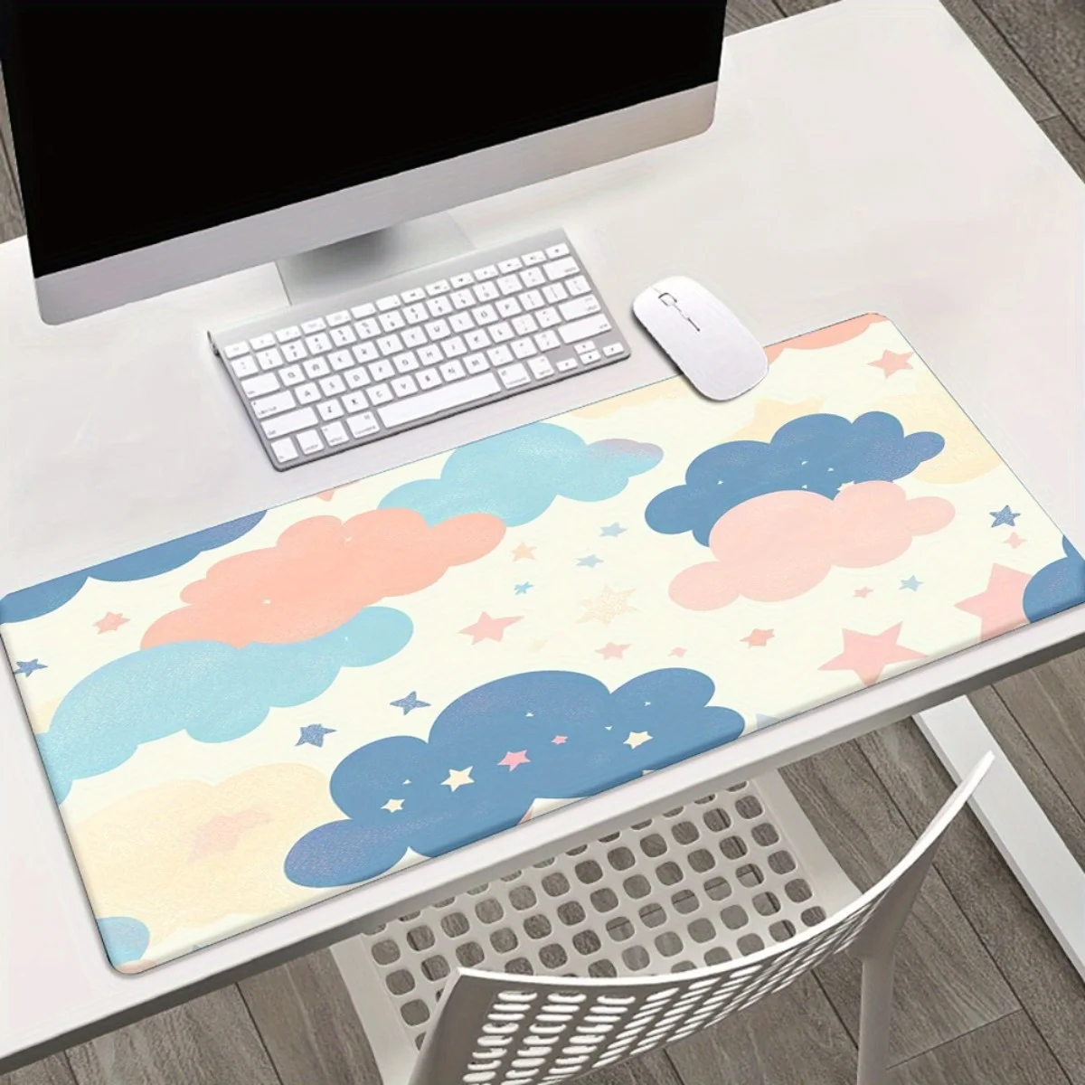 

1pc Whimsical Clouds & Stars Mousepad - Light Blue Background, Non-Slip Rubber Base, Smooth Surface for Gaming, Office, or Lapto