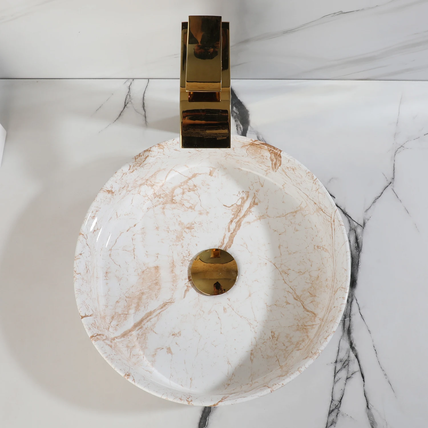 KEMAIDI White Marbling Bathroom Vessel Sink with Gold Faucet and Drain Combo,14 Inch Ceramic Vessel Sink Above Counter Sinks
