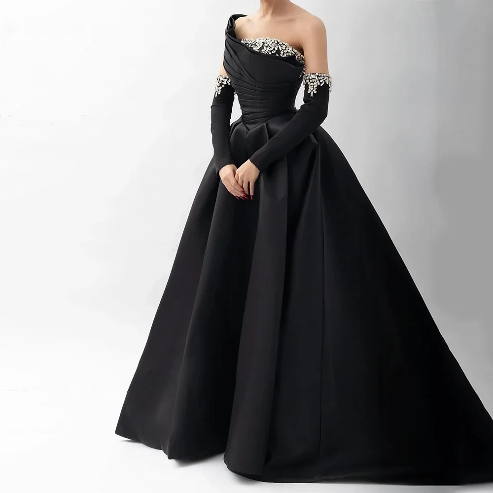 Luxury Crystals Evening Dresses Chic Pleat Draped A-Line Women Prom Gowns Elegant Fashion Sweep Train Black Party Dresses