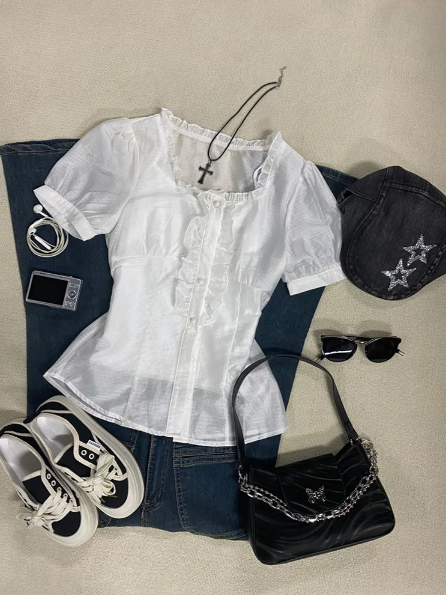 BaoYao Girl Original White Wood ain Ruffle Square Collar ort Sve irt Women Summer Design Sensation Small irt