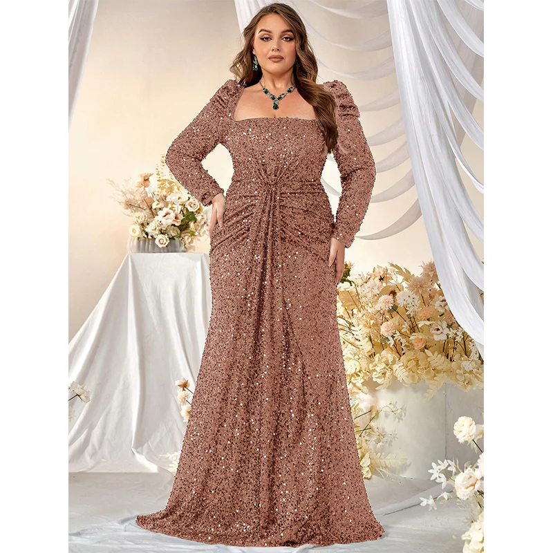 Plus Size Square Neck Sequin Luxury Extra Long Glitter Evening Gown Big Size Women Wedding Banquet White Sequin Evening Dress