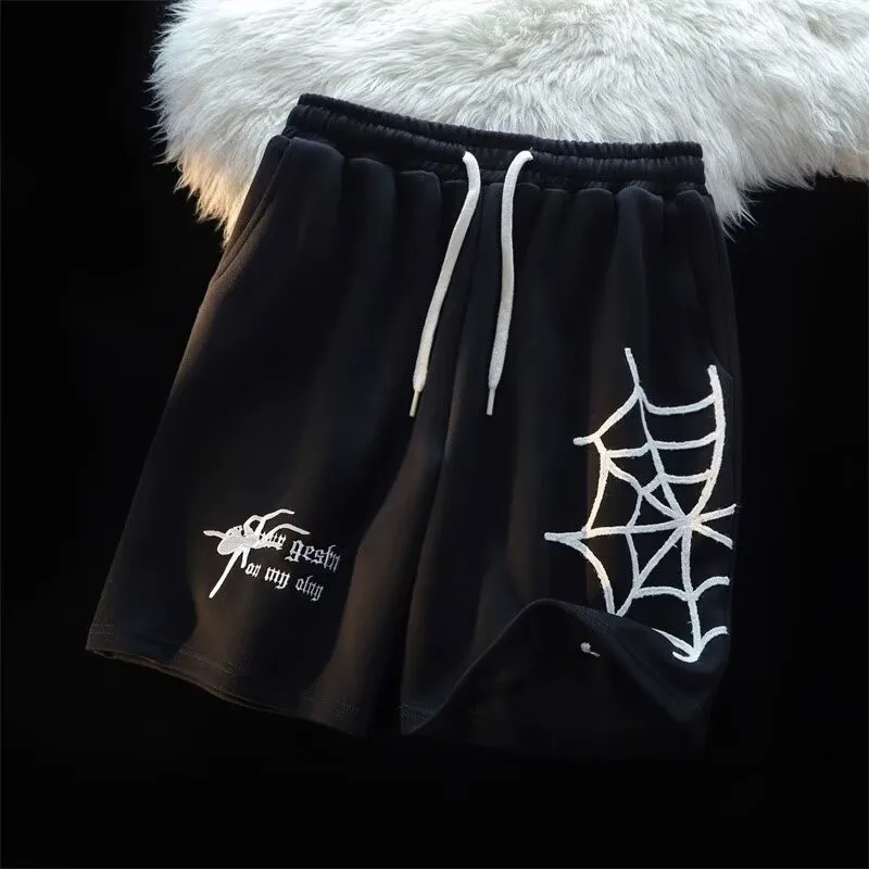 

2025 Summer Fashion Men's Shorts Cartoon Spider Web Spider Print Shorts Sports Gym Drawstring Shorts Boys Beach Pants Men
