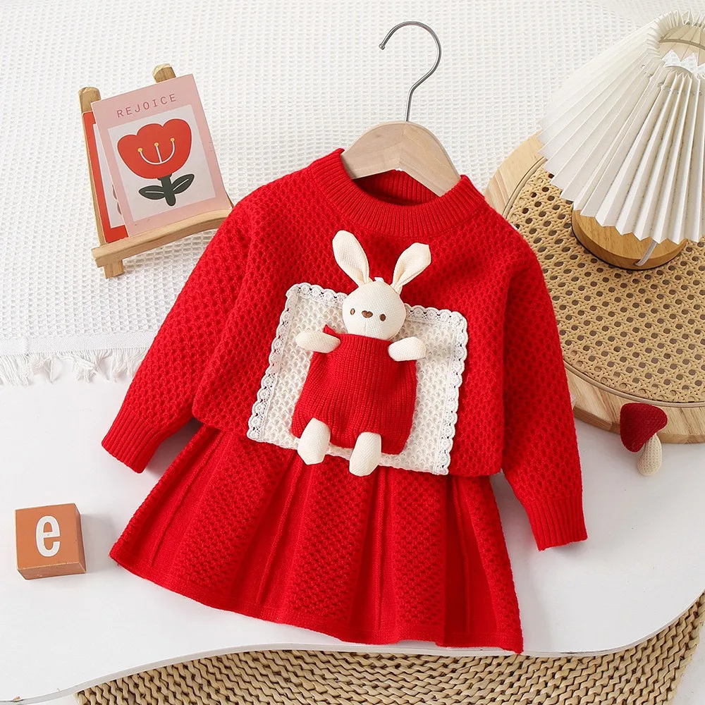 Children's Clothing Sets Bunny Embellished Knitted Top + Pleated Skirt Winter Baby Girl Clothes Kids Knitwear Sweater