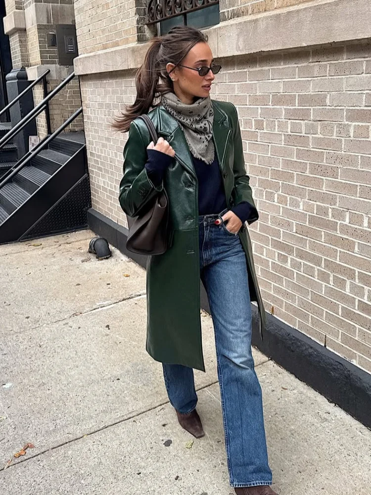 Green Lapel Retro Long Leather Jacket Women Fashion Full Sleeve Single Breasted Pocket Loose Jackets 2026 Lady Daily Street Coat