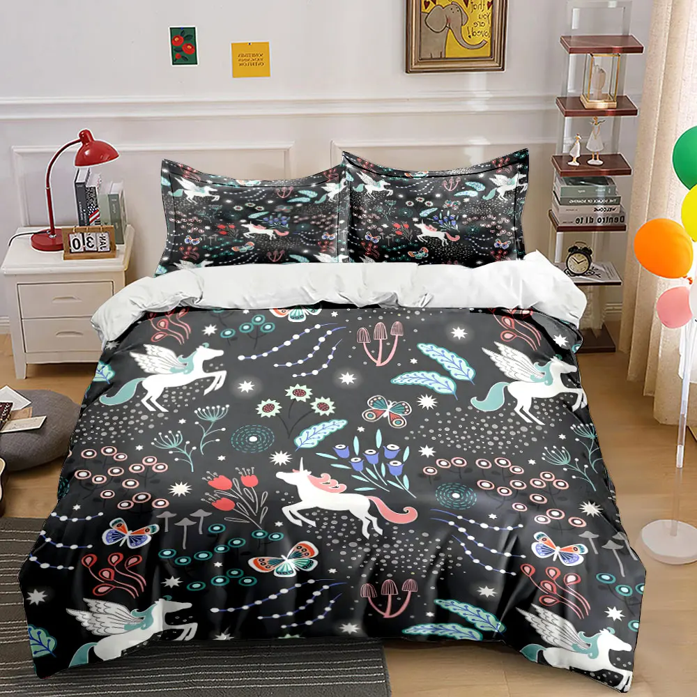 

Fairy unicorns with flowers Print Bedding Set 1 Duvet Cover 2 Pillowcases for Adult and Children Luxury Gift Full Size