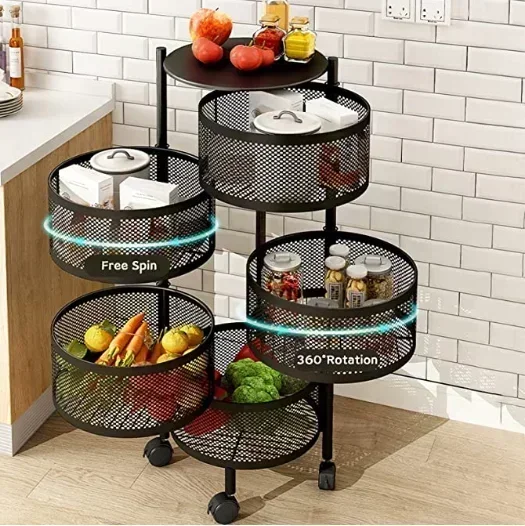 Kitchen Storage Round Rotating Trolley,Fruit Vegetable Floor Shelve Installation-free Racks,Multi-storey Snack Flavoring Basket image 4